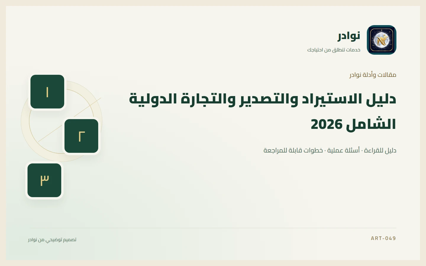 غلاف توضيحي من هوية نوادر بعنوان دليل الاستيراد والتصدير والتجارة الدولية الشامل 2026