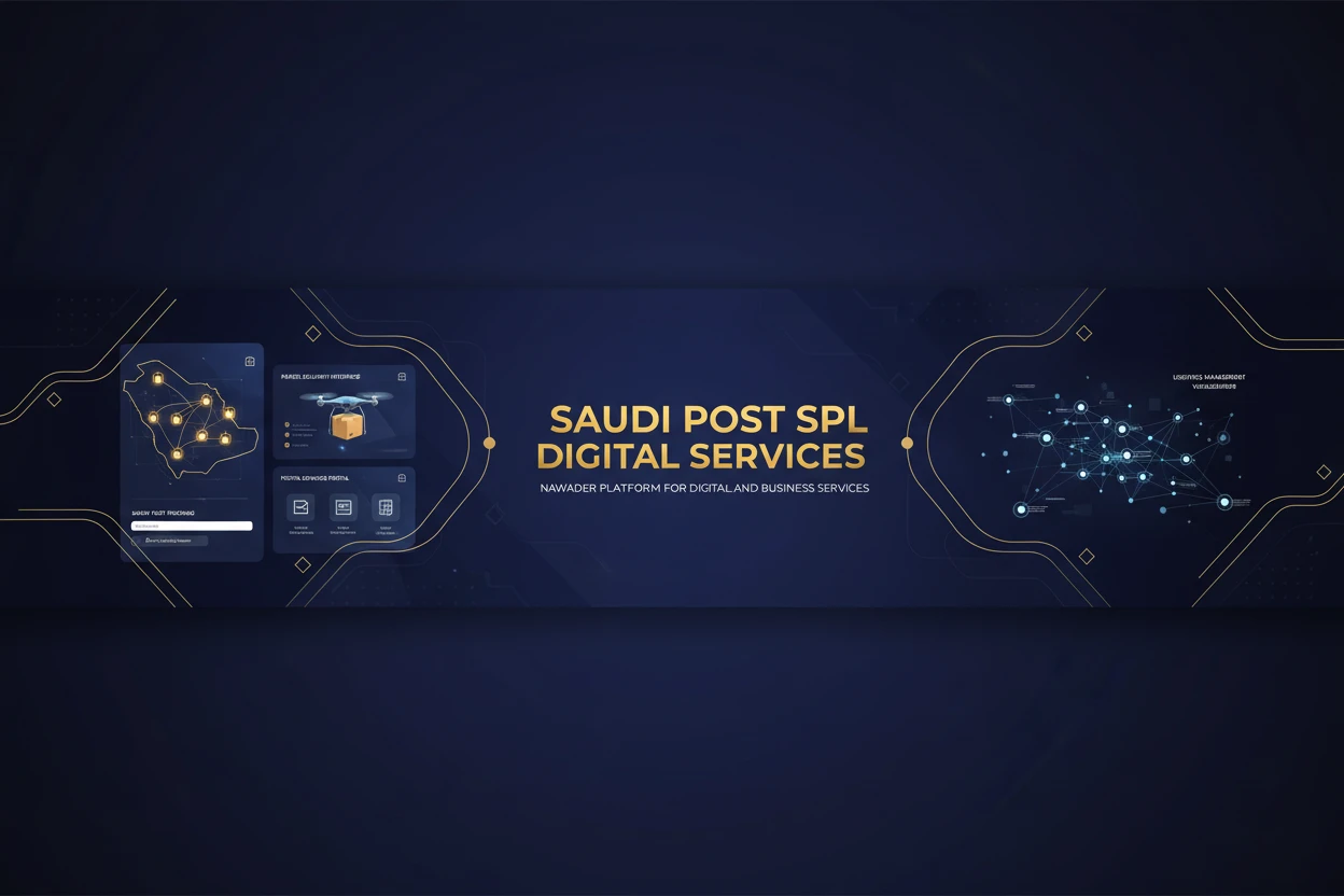 تصميم توضيحي للخدمات البريدية الرقمية يضم خريطة وشحنات وشبكة اتصال