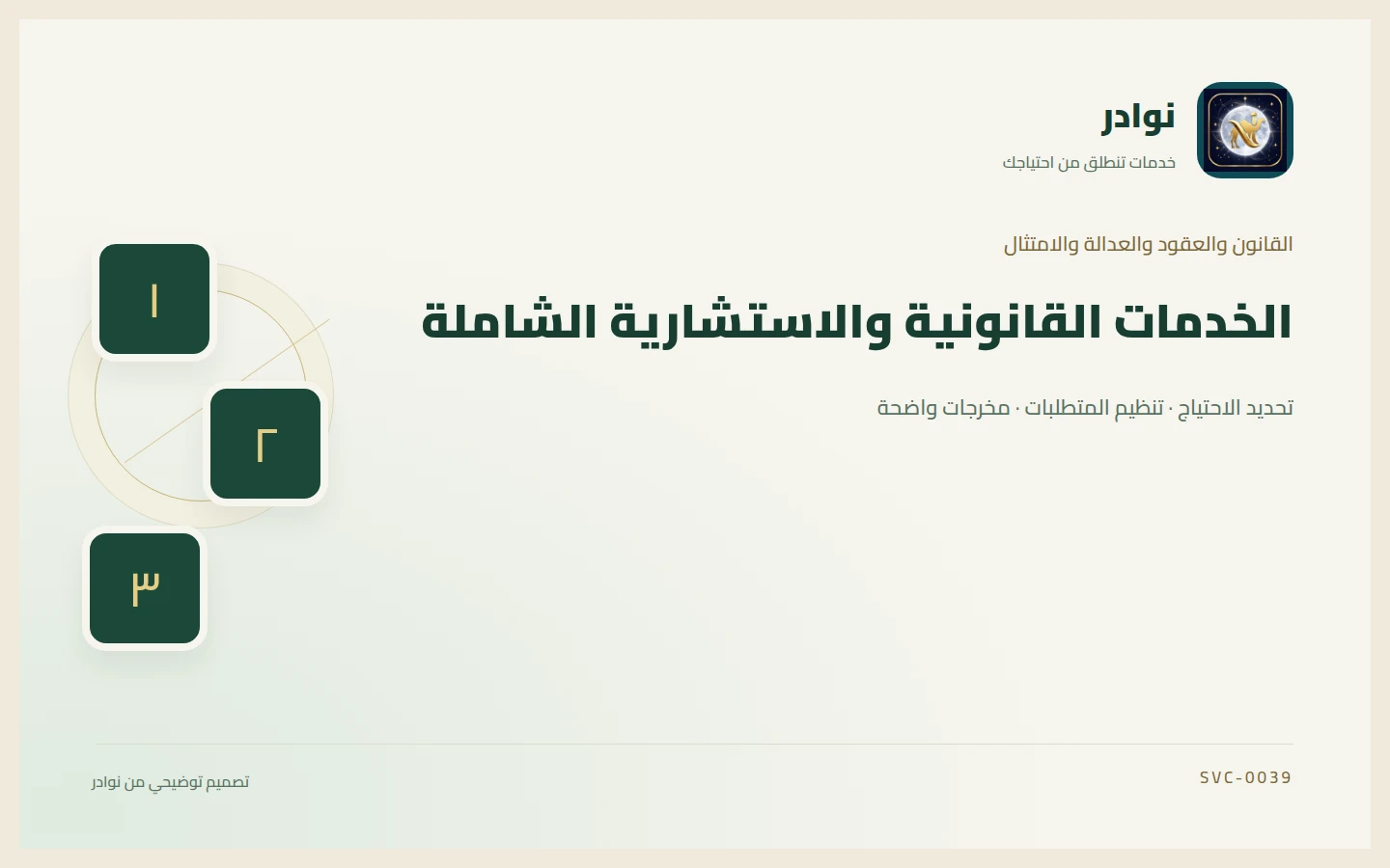 غلاف توضيحي من هوية نوادر بعنوان الخدمات القانونية والاستشارية الشاملة