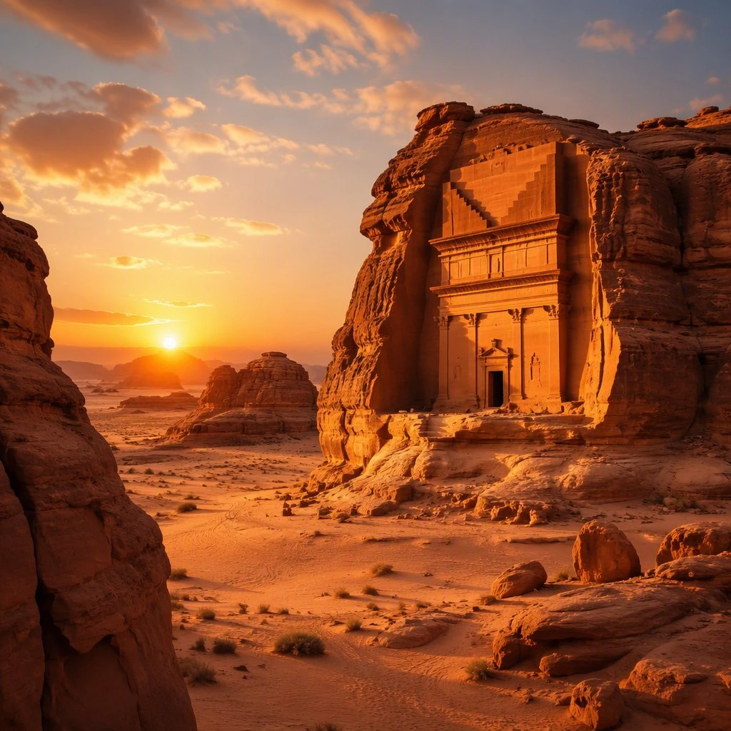 مشهد توضيحي لواجهة منحوتة في صخور صحراوية عند الغروب