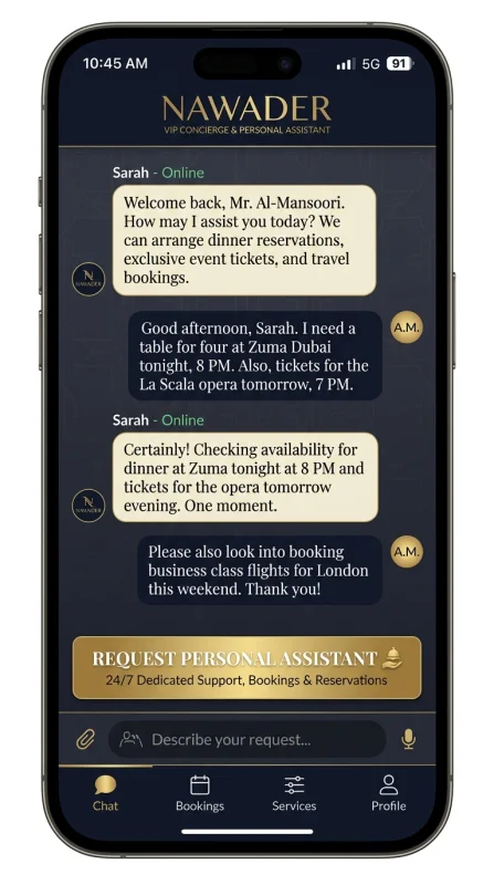 Nawader VIP Concierge mobile UI